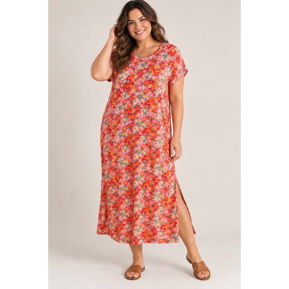 Natural Life Frankie Knit Cotton Tee Midi Dress XXL Boho Retro Floral Dress